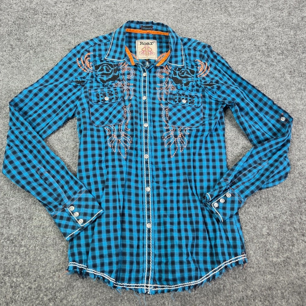 Roar Embroidered Plaid Western Snap Shirt Vintage Y2K Bling Womens Large Blue